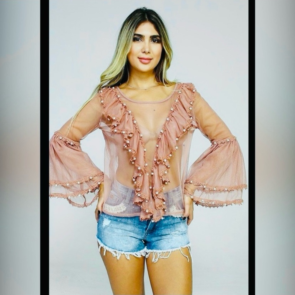 Cream Ruffled Bell Sleeve Blouse